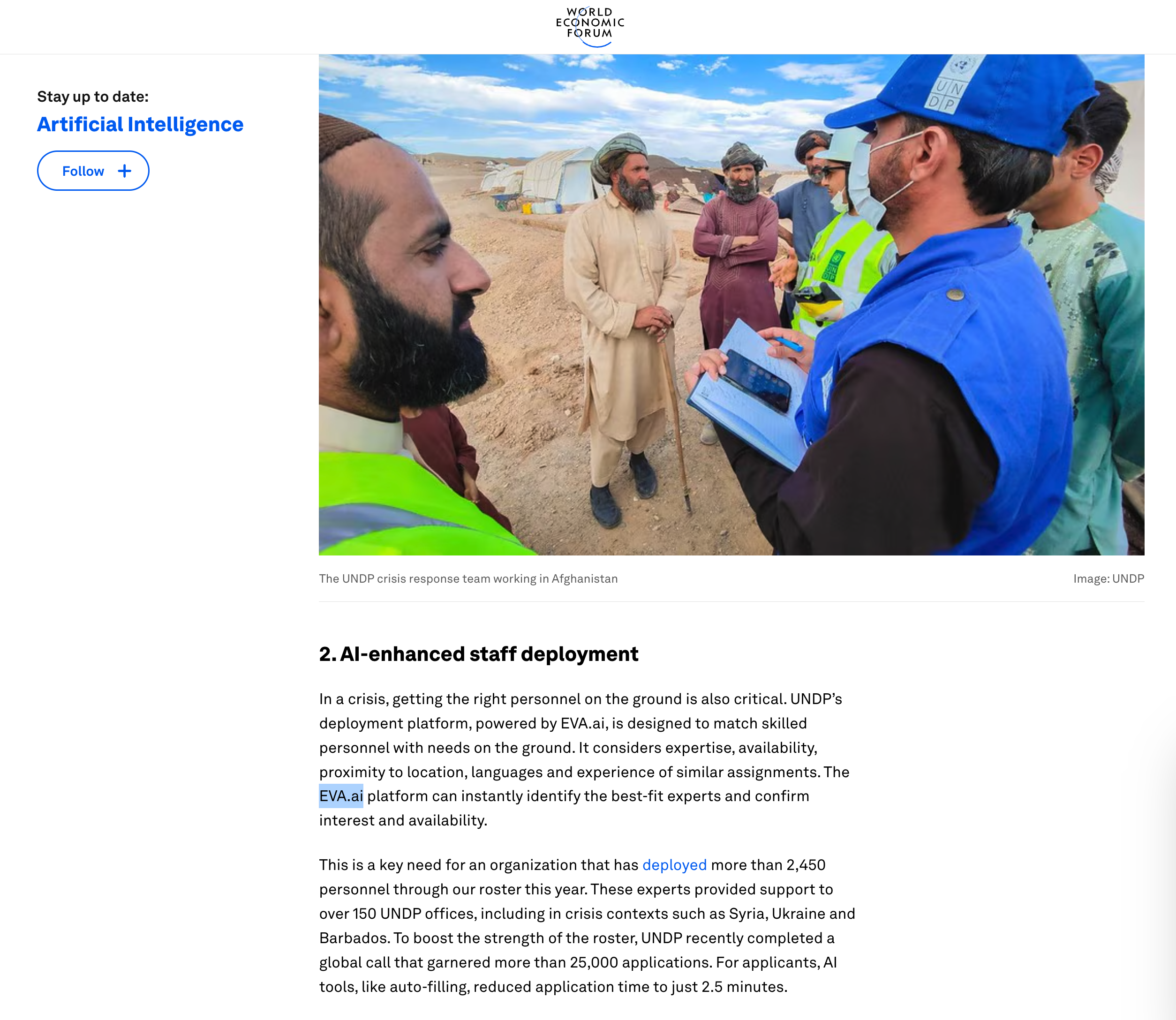 World Economic Forum article excerpt: UNDP crisis-response team in Afghanistan, followed by the section naming EVA.ai as powering UNDP’s staff-deployment platform. Image credit: UNDP.